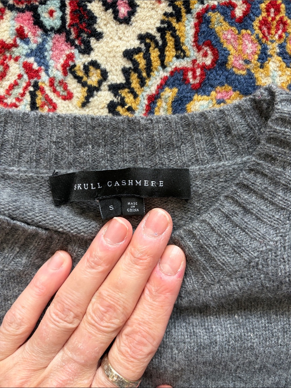 Skull Cashmere Gray Crewneck Sweater with Black Skull and Pink Roses - Picture 2 of 3